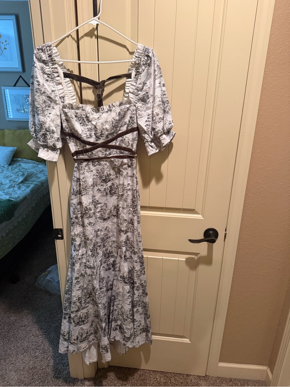 ANTONIO MELANI White & Gray Toile Maxi Dress with Contrast Trim